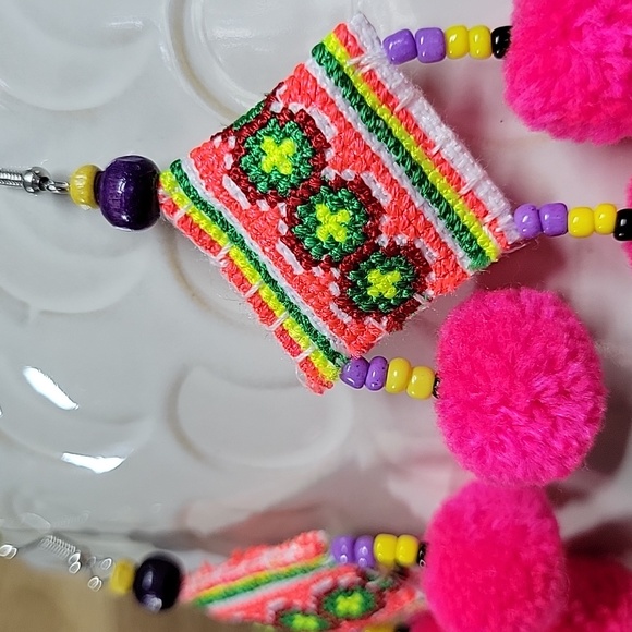 Hmong Tribe Embroidered Dangle Pom Pom Drop Earrings - Picture 5 of 7
